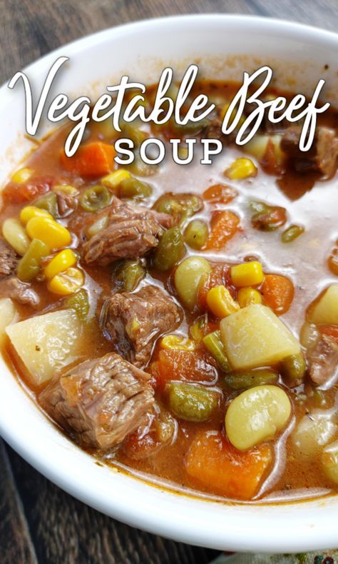 Beef And Vegetable Soup Recipes, Busy Day Vegetable Soup, Classic Vegetable Beef Soup, Homemade Vegetable Beef Soup With Stew Meat, Beef And Vegetables Soup, Soup Recipes Vegetable Beef, Vegetable Soup With Beef Tips, Traditional Vegetable Soup, Beef Soup Crock Pot Recipes