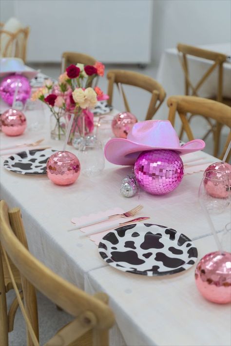 disco cowgirl party, disco cowgirl party decorations, rhinestone cowgirl party, rhinestone cowgirl party decorations, bachelorette party, bachelorette party decorations, Nashville, Austin Cowgirl Party Table Setting, Pink Cowgirl Party Adult, Pink Cowgirl Party Centerpiece, Diy Cowgirl Decorations, Disco Birthday Table Decorations, Pink Cowgirl Table Decor, Girly Cowboy Theme Party, Rhinestone Cowgirl Decor, Disco Cowgirl Birthday Party Favors