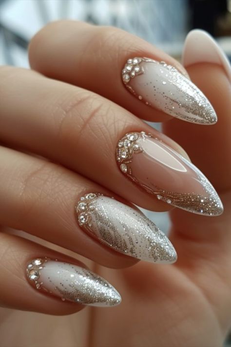 White Nails With Designs 2024, Silver Nail Designs Acrylic, Nail Bling Designs Rhinestones, Bling Nail Art, Bridal Nails Designs, Gold Nail, Nail Art Wedding, Trim Nails, Nails 2024