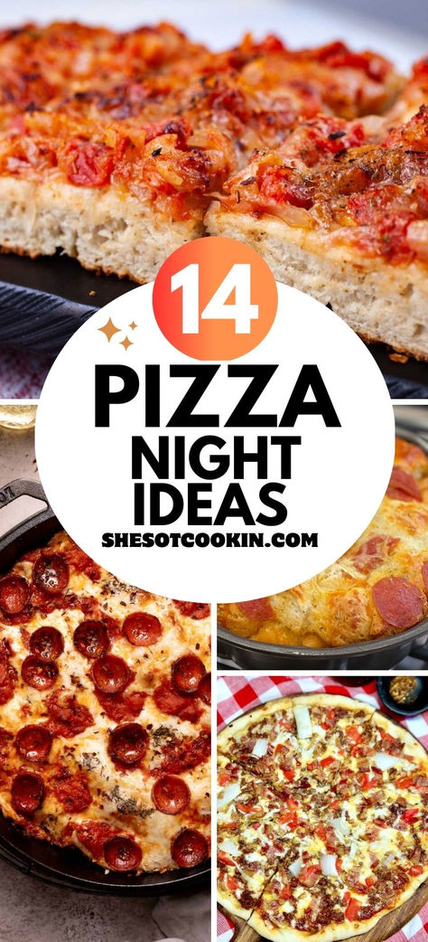 Photo collage of pizza night recipes with text overlay. Homemade Pizza Night Ideas, Different Pizza Recipes, Recipes Using Pizza Dough Dinners, Homemade Pizza Ideas Easy, Pizza Potluck Ideas, Pizza Dough Meal Ideas, Best Pizza Recipe, Easy Pizza Ideas, Specialty Pizza Ideas