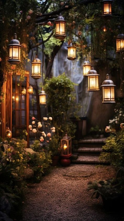 Hanging Lanterns In Trees, Hanging Lights Tree, Backyard Lanterns Hanging, Magical Front Yard, Fantasy Garden Ideas, Secret Garden Aesthetic Night, Lanterns On Trees, Magical Backyard Ideas, Beautiful Gardens Magical