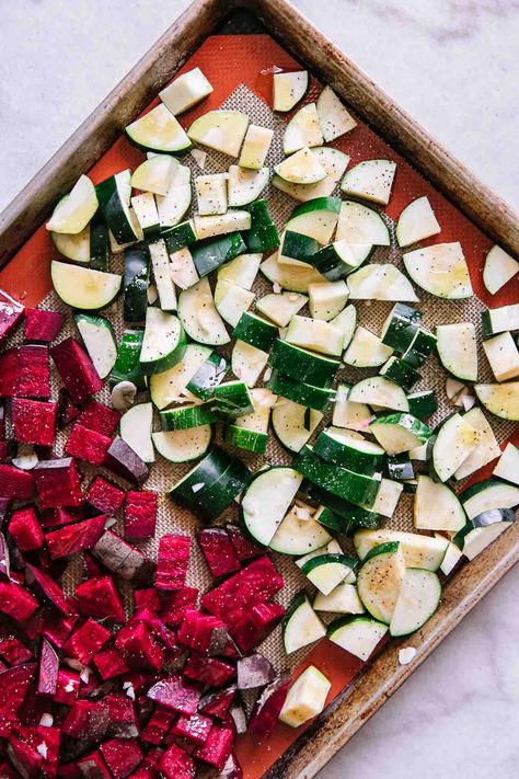 Roasted Zucchini and Beets, an easy roasted vegetable side dish with fresh summer zucchini and earthy beets. Great as a side or as a topping for salads or bowls! Roasted Beats, Zucchini In The Oven, Roasting Beets In Oven, Veggie Side Dish, Easy Roasted Vegetables, Roasted Zucchini, Summer Zucchini, Vegetable Side Dish, Roast Zucchini