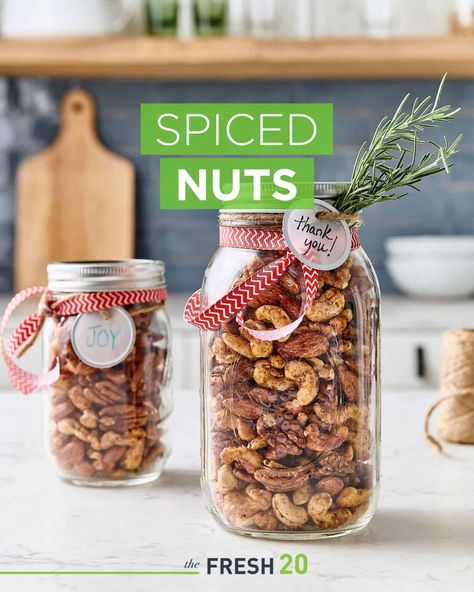 Spiced Nuts Recipe - The Fresh 20 Gift Baskets For Kids, Diy Christmas Gift Basket Ideas, Spiced Nuts Recipe, Nut Jar, Entertaining Snacks, Baskets For Kids, Christmas Nuts, Nuts Gift, Christmas Gift Baskets Diy