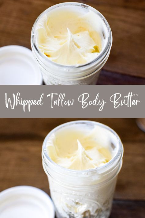 Whipped Tallow Body Butter Recipe - A Quaint Life Beef Tallow Whipped Body Butter, Beef Tallow Body Butter, Tallow Lotion Recipe With Coconut Oil, Tallow Whip Recipe, Whipped Beef Tallow Lotion, Goat Milk Body Butter Recipe, Whipped Tallow Body Butter, Tallow Lotion Recipe, Tallow Recipes