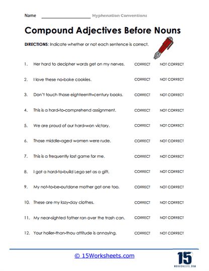 Compound Adjectives Worksheets, Compound Adjectives, The Sentence