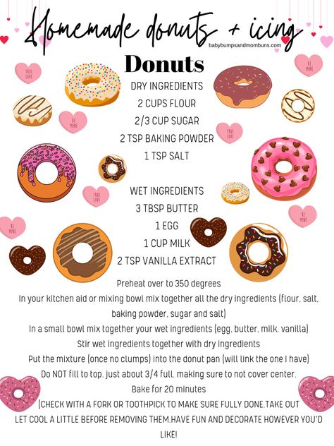 DIY Homemade Mini Valentines Donuts + Icing. (Free Printable Recipe Included) Valentines Baked Goods, Mini Donut Maker Recipes, Donut Maker Recipes, Mini Donut Recipes, Donut Icing, Donut Decorating Ideas, Mini Donuts Maker, Doughnut Recipe Easy, Cake Donuts Recipe