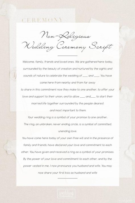 Wedding Ceremony Script For Each Wedding Type (Updated List For 2019) ★ See more: https://www.weddingforward.com/wedding-ceremony-script Wedding Officiant Script Funny, Simple Wedding Ceremony Script, Wedding Ceremony Script Funny, Secular Wedding Ceremony, Non Religious Wedding Ceremony, Wedding Ceremony Outline, Wedding Ceremony Scripts, Secular Wedding, Ceremony Outline