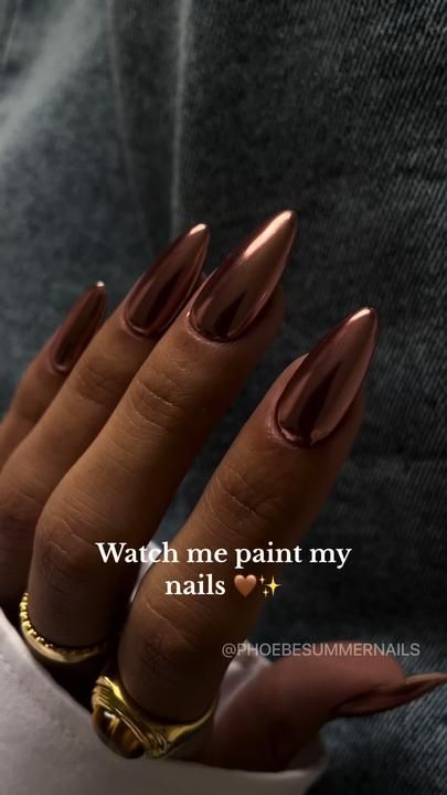 Chrome Nails With Highlighter, Brown And Gold Chrome Nails, Metallic Copper Nails, Copper Metallic Nails, Copper Dip Nails, Brown Nail Polish Ideas, Call Chrome Nails, Almond Acrylic Nails Chrome, Moscow Mule Nails Chrome