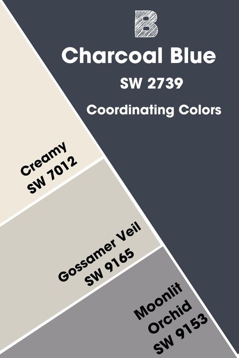 Sherwin Williams Charcoal Blue SW 2739: Color Review Charcoal Blue Accent Wall, Charcoal Blue Complimentary Colors, Basalt Powder Sherwin Williams Paint, Moonlit Orchid Sherwin Williams, Sherwin Williams Charcoal Blue Cabinets, Charcoal Blue Color Palette, Sherwin Williams Medium Blue, Charcoal Blue Sherwin Williams Exterior, Sw Charcoal Blue Cabinets