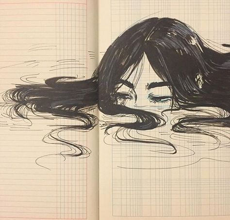 Love the depth created by the hair floating in water Look Behind Pose Drawing, Weird Art Styles, Cool Art Drawings Ideas Sketches, Sketchpad Ideas, Art Meaningful, Inspirational Drawings, Art Inspiration Ideas, Sketches Doodles, Arte Indie