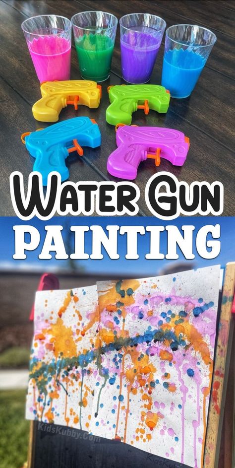 Blast into summer with this awesome action-packed outdoor art activity for kids. If you're looking for things to do at home, simply fill cheap plastic water guns with diluted washable paint, and let your kids use water color paper as their canvas to make abstract art. If your bored kids are watching too much TV or playing too many video games at home this summer, I guarantee this is an easy way to get them outside in the backyard to get some sunshine! My preschoolers couldn't get enough of it. Outdoor Activity For Kids, Art Project For Kids, Fun Outdoor Activities, Summer Fun For Kids, Toddler Arts And Crafts, Fun Summer Activities, Daycare Activities, Kids Water, Daycare Crafts