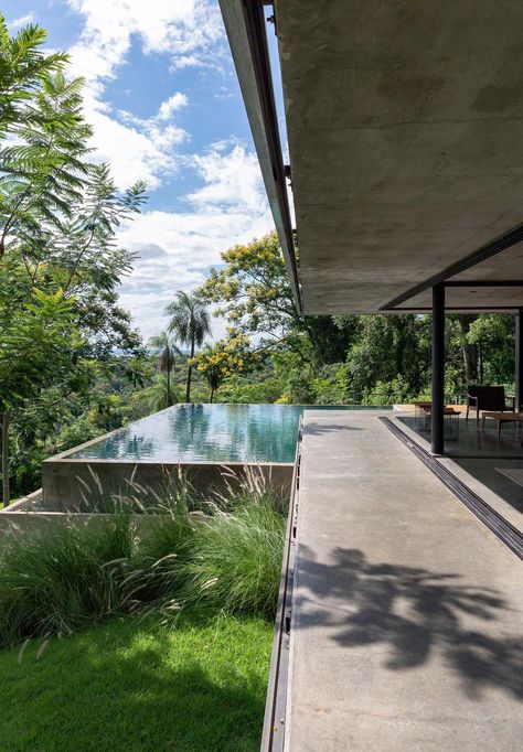 A modern house that has an infinity edge swimming pool that wraps around the corner. Tall Grasses, Ultra Modern Homes, Modern Outdoor Spaces, Infinity Edge Pool, Concrete Pool, Rooftop Patio, Rooftop Deck, Garden Pool, Concrete Patio