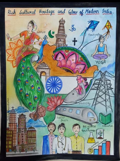 Ujwal Bharat Drawing, Incredible India Drawing Competition, India Heritage Drawing, Skill India Posters, Aatmnirbhar Bharat Drawing, Indian Heritage Drawing For Competition, Drawing On Indian Festivals, Future India Drawing Competition, Mera Bharat Mahan Drawing