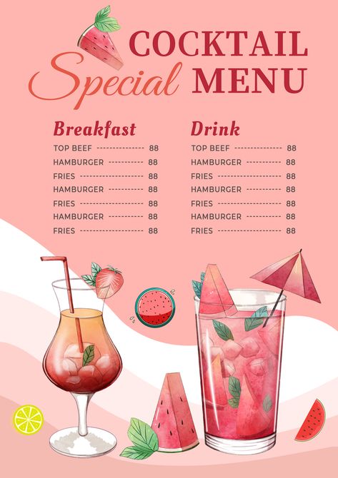 Summer Menu Design, Light Summer Cocktails, Menu Aesthetic, Menu Design Layout, Drink Menu Design, Menu Sans Gluten, Smoothie Menu, Popup Menu, Menu Illustration