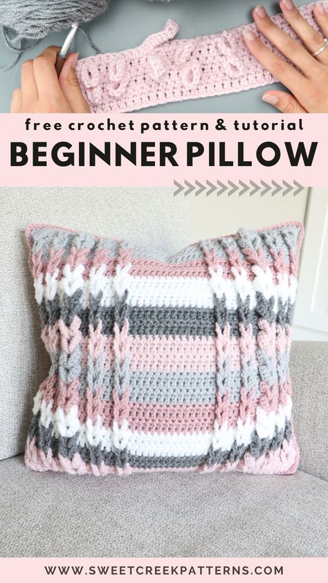 This Pillow is PERFECT for beginners. It features a very easy stitch that you will easily be able to do with the FREE YouTube tutorial. All you do to create the pillow is to crochet the front and back panels, then crochet them together. I have a FULL tutorial to make this pillow on my blog. Crochet Patterns One Color, Crochet Pillows Free Patterns, Crochet Pillow Ideas, Crochet Throw Pillow Pattern, Crochet Pillow Covers, Crochet Pillow Case Pattern, Modern Crochet Patterns Free, Crochet Pillow Patterns Free, Jacobs Ladder