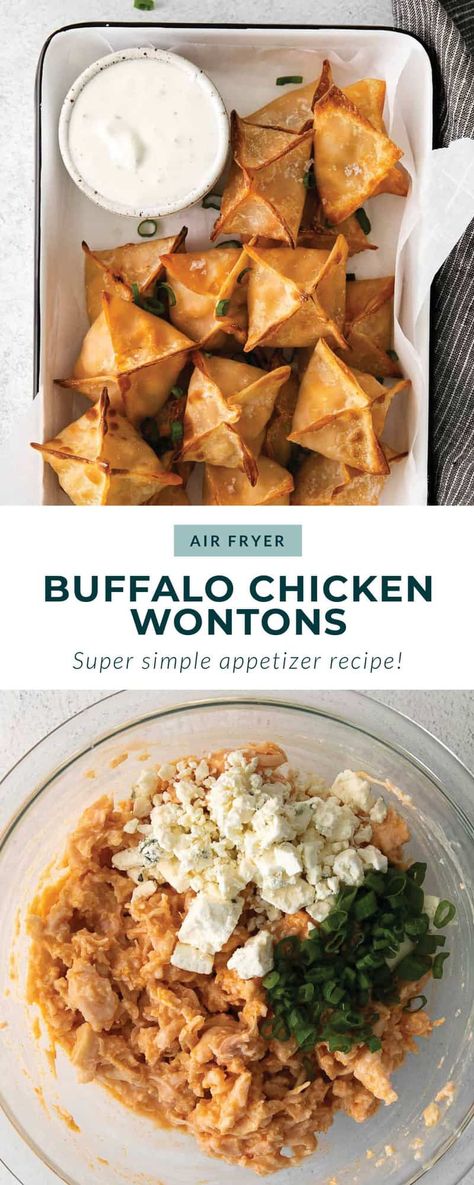 Buffalo Chicken Wontons Fried, Buffalo Chicken Wontons Baked, Buffalo Chicken Dip Bites Air Fryer, Buffalo Chicken Wontons Air Fryer, Buffalo Wontons, Wonton Wrapper Recipes Air Fryer, Air Fryer Wonton Recipes, Easy Buffalo Sauce, Air Fryer Wontons