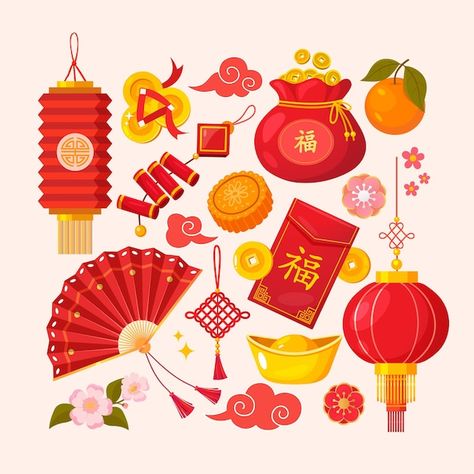 Elements collection for chinese new year... | Premium Vector #Freepik #vector #chinese-fan #chinese-new-year-lantern #japanese-lantern #chinese-culture Chainess Newyear, Chinese New Year Element, Chinese Fan Drawing, Chinese New Year Aesthetic, Chinese New Year Drawing, Chinese Lantern Drawing, Chinese New Year Painting, Chineese New Year, Chinese New Year Art