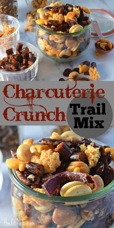 Charcuterie Crunch Beef Trail Mix is a fun and flavorful addition to your football game day snacks. Featuring bits of beef jerky, all cheese crisps, crunch crackers plus nuts and dried fruit -- it's salty-sweet-savory snack that the whole family will love. Plus, you get an extra boost of protein from the beef for the win! Beef Jerky Trail Mix Recipe, Trail Mix Charcuterie Board, Trail Mix With Cheez Its, Savory Trail Mix Recipes, Salty Savory Snacks, Fireside Snacks, Hunting Snacks, Recovery Planning, Salty Trail Mix