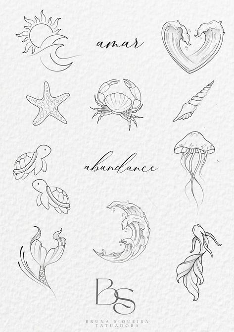 Beachy Flash Tattoo, Sea Creature Flash Tattoo, Delicate Shark Tattoo, Water Signs Tattoo, Small Sea Creature Tattoo, 2 By 2 Tattoos, Sea Themed Tattoos, Shell Tattoos, Small Girly Tattoos