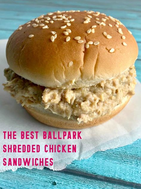 Crockpot Ohio Shredded Chicken Sandwiches are the delicious sandwich we used to order at the baseball field snack shack. Hot, creamy, shredded chicken piled on a soft hamburger bun... the perfect easy meal for your family or to feed a crowd!  #shreddedchicken #chickensandwich #tailgate Ohio Shredded Chicken Sandwiches, Ohio Shredded Chicken, Shredded Chicken Sandwich, Shredded Chicken Sandwiches, Shredded Chicken Crockpot, Hot Chicken Sandwiches, Chicken Sandwich Recipe, Easy Shredded Chicken, Pulled Chicken Sandwiches