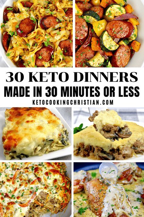 30 Keto Dinners Made in 30 Minutes or Less A collection of 30 Keto friendly dinners that can be made in 30 minutes or less, perfect for a busy weeknight or when you're short on time! #lowcarb30minutemeals #keto30minutemeals #ketoeasydinners #ketoweeknightmeals #lowcarbeasydinners Friday Night Keto Dinner Ideas, Keto Weeknight Meals, Keto Friendly Family Dinners, Keto Menus For Beginners, Lazy Keto Recipes Dinner, Fun Keto Dinners, Keto Main Dishes For Dinner, Recipes For Keto Diet, Clean Keto Dinner Recipes