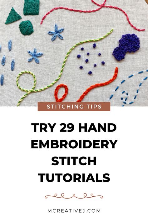 Stitch Your Way Through National Embroidery Month With 29 Hand Embroidery Tutorials Hand Embroidery Materials, Hand Stitch Tutorial, Single Stitch Embroidery, Straight Stitch Embroidery Tutorial, Printable Embroidery Stitch Guide, Long Short Stitch Embroidery Design, Hand Embroidered Stitches, Weave Stitch Embroidery, Contemporary Embroidery Patterns