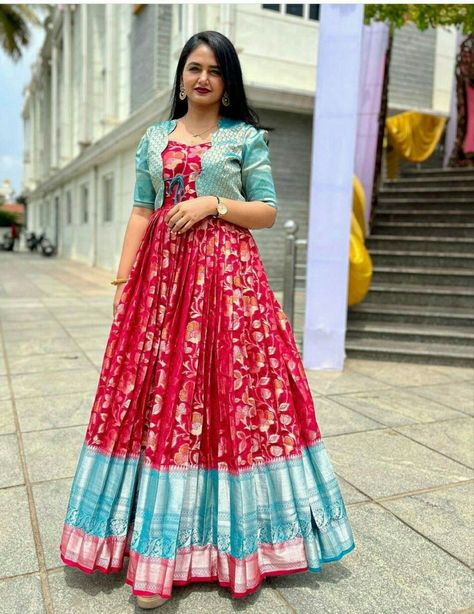 Back Neck Frock Design, Long Frock Designs From Saree, Saree Frock Designs For Women, Silk Saree Frock Design, Long Frock Designs With Pattu Sarees, Designer Long Frocks For Women, Saree Ka Dress Design, Long Frock With Pattu Saree, Longfrocksdesigns With Silk Sarees