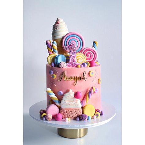 Sweet One First Birthday Cake, Colorful Candy Cake, Fourever Sweet, Candy Theme Cake, Candy Land Cake, Lolly Cake, Candyland Cake, Candy Birthday Cakes, Tea Party Cake