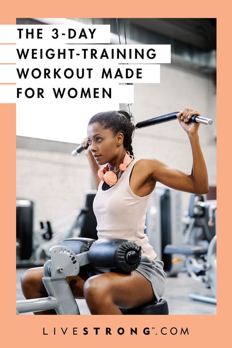 If you've been slaving over a cardio machine for the past few months, it's time to break out of your routine. Try this three-day weight-training workout for women. Gym Weightlifting Plan For Women, Workout Routine Weights, Strength Training At Gym For Women, Beginner Weight Training Plan, Women's Beginner Weight Training Plan, Weight Training Workouts For Women Gym Personal Trainer, Weight Machine Workouts For Women Exercise Routines, Women Weightlifting Routine, 3 Days A Week Workout Plan Gym Weight Training