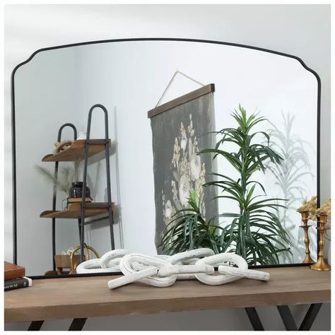 Large Mirror Black Frame, Mirror For Half Bathroom, Mirror Above Table Entryway, Black Mirror Over Mantle, Mirror On Mantel Ideas, Mirror Above Entry Table, Kitchen Wall Mirror Decor Ideas, Mantel With Mirror Decorating Ideas, Fireplace Mirror Ideas Living Room