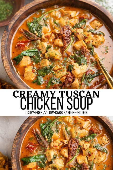 Tuscan Chicken Soup features rustic flavors for a hearty and delicious soup! Made dairy-free, this healthy soup recipe is low-carb, high protein and the perfect weeknight meal! #paleo #dairyfree #soup #chicken #healthy #paleo #whole30 Fall Soups Healthy Dairy Free, Df Soup Recipes, Dairy Free Tuscan Soup, Pioneer Woman Tuscan Chicken Soup, Best Dairy Free Soup, Slow Cooker Soup Dairy Free, High Protein Low Carb Mediterranean, Mediterranean Chicken Soup Recipe, Healthy Autumn Soup