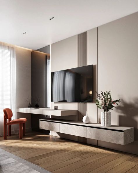 Studio Nacrt on Instagram: “Studio Nacrt design bedroom 💫” Tv And Make Up Table Bedroom, Bedroom Tv Units Modern, Tv Unit Master Room, Dressing With Tv Unit Design, Tv Unit Design Modern For Bedroom, Wall Tv Bedroom, Bedroom Tv Wall Ideas Modern, Tv Unit Design Bedroom, Tv Unit In Bedroom