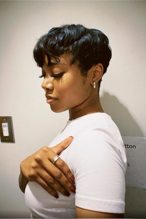 Pixie Silk Press Natural Hair, Pixie Haircut For Black Women Side Part, Perm Pixie Haircut Black Women, Short 90s Hairstyles Black Women, Black Women Haircuts Short Fade, "bixie" Haircut Black Women, Pixie Wig Black Women, Curly 27 Piece Quick Weave Hairstyles, Short Hair Cuts Black Women Natural