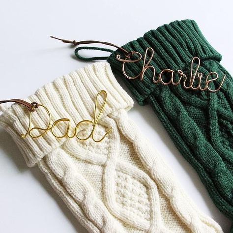 #affiliate Name Tags Christmas, Stocking Name Tags, Green Stockings, Stocking Stuffers For Teens, Crafting Wire, Wire Name, Knit Wool Socks, Ornament Tags, Christmas Stocking Gifts