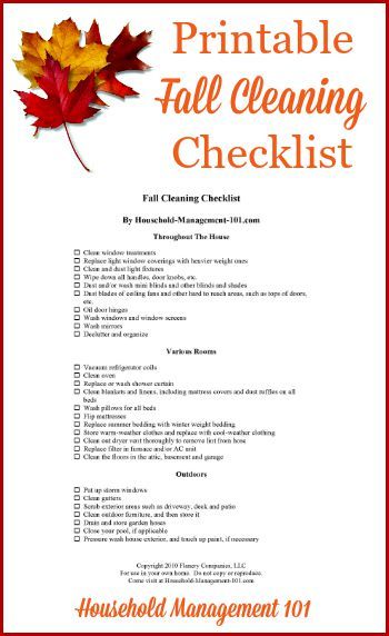 Free fall cleaning checklist printable to get your home clean and ready for colder weather {on Household Management 101} Fall Cleaning List, Fall Cleaning Checklist, Cleaning Checklist Printable, Fall Cleaning, Checklist Printable, Household Management, Deep Cleaning Tips, Cleaning List, Diy Cleaners