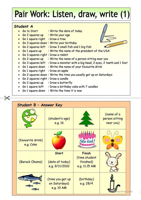 Pair Work: Listen, draw, write (1) - English ESL Worksheets for distance learning and physical classrooms Listening Skills Worksheets, Esl Listening Activities, Draw Template, Listening English, Listening Games, Cursive Writing Worksheets, Teaching Game, Teaching English Grammar, Workout At Work