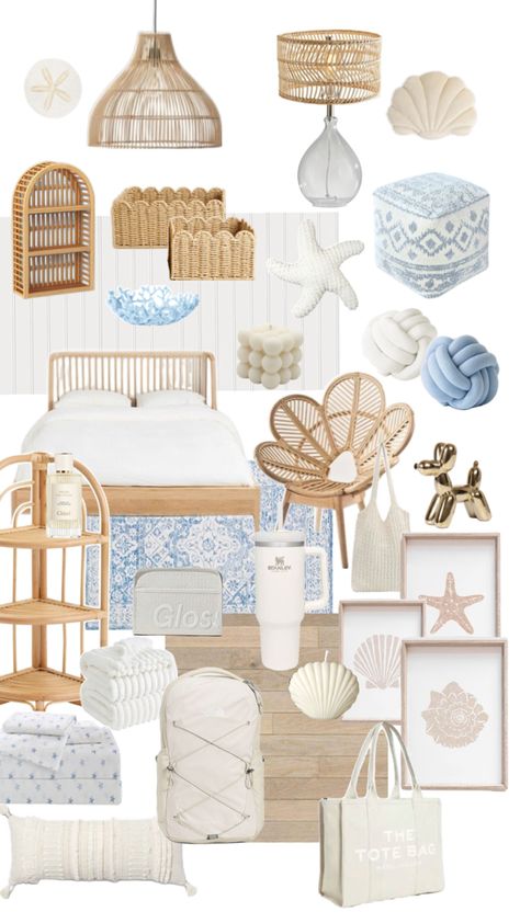 beachy room 🐚 Baskets, Collage, Bedroom, Pillows, Bed, Blue, White