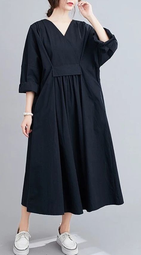 omychic plus size black cotton vintage for women casual loose spring autumn dress Tunik Linen, Loose Dress Outfit, Loose Black Dress, Moslem Fashion, Muslim Outfits Casual, Fall Dress Outfit, Muslim Fashion Dress, Leisure Fashion, Muslimah Fashion Outfits