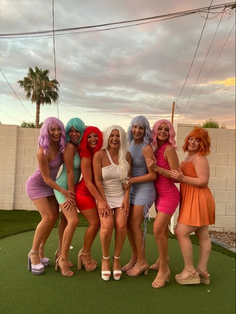 Bachelorette Colour Theme Outfits, Color Wig Bachelorette Party, Wigging Out Bachelorette Party, Colored Wig Outfit Bachelorette, Color Wigs Bachelorette Party, Bachelorette Wigs Night, Wig Hens Party, Monochromatic Outfit Party Theme, Bachelorette Party Wig Night Outfits