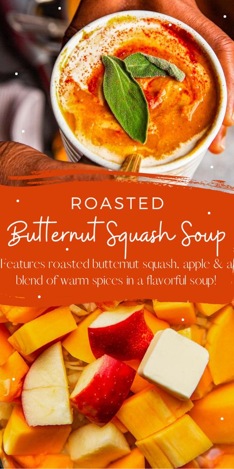 This lightened up version of Roasted Butternut Squash Soup features butternut squash, apple and a tasty blend of warm spices in a flavor packed soup! #ButternutSquash #ButternutSquashSoup #Roasted #ButternutSquash #Fall #FallRecipes #Soup #SoupRecipes #Healthy #Vegetarian Roasted Squash Soup, Butternut Squash Apple Soup, Oven Roasted Butternut Squash, Best Butternut Squash Soup, Thanksgiving Casserole Recipes, Creamy Soups, Butternut Squash Apple, Novice Chef, Butternut Soup