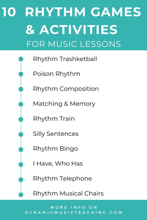 Infographic of 10 rhythm games & activities for kids. Grade 1 Music Activities, Music Class For 3rd Grade, Rhythm Activities For Elementary, Music Games For Kindergarten, Music Games For Kids Movement Activities, Music Class Lesson Plans, Rhythm Activities For Middle School, Preschool Piano Activities, Last Day Of Music Class Activity