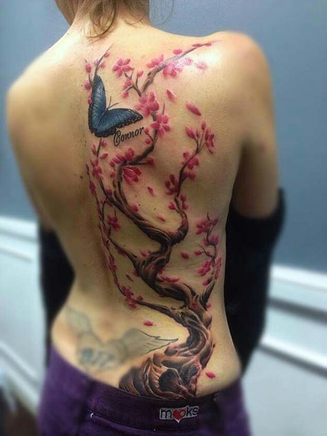 Cherry blossom and butterfly Cherry Blossom Tattoo Shoulder, Cherry Tree Tattoos, Cherry Blossom Tattoos, Cherry Blossom Tree Tattoo, Tree Tattoo Back, Cherry Tattoo, Blossom Tree Tattoo, Butterfly Back Tattoo, Tattoo Floral