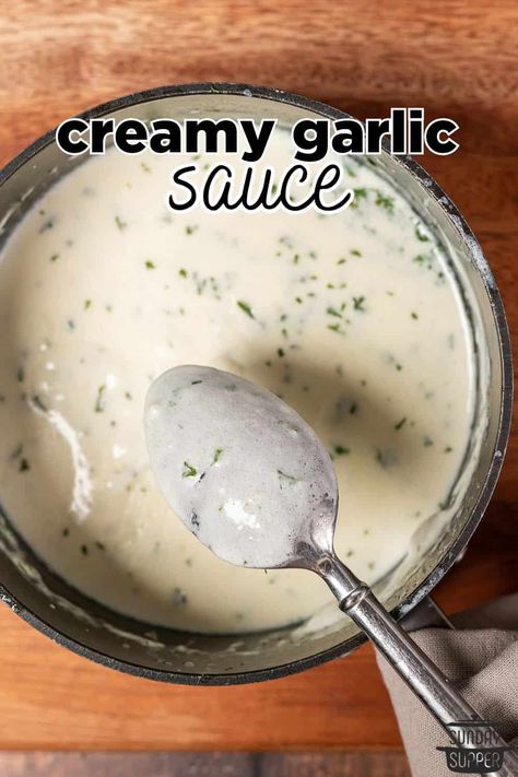 Garlic Sauce Creamy Garlic Cheese Sauce, Non Dairy Sauces For Pasta, White Pizza Recipe Sauces, White Alfredo Sauce Recipes, Fuzzy's Garlic Sauce Recipe, Spaghetti Sauce White, Fresh Kitchen Creamy White Ginger Sauce, Creamy Bbq Sauce, Cream Cheese Garlic Sauce