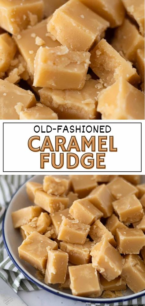 This old-fashioned caramel fudge recipe is reminiscent of the kind Grandma used to make. It's rich and creamy and simply melts in your mouth with every bite. Caramel Marie Biscuit Fudge, Fudge Salted Caramel, Homemade Caramel Candies, Brown Sugar Fudge Old Fashioned, Magic Fudge Recipe, Fudge Recipes Caramel, Russian Fudge Recipes, Fudge Wrapping Ideas, Melt In Your Mouth Fudge