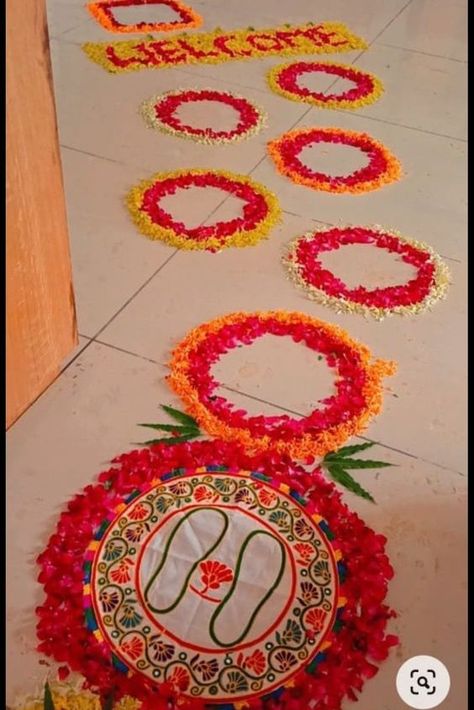 Welcome Home Decoration Decoration For Kankupagla, Kunku Pagla Decoration, Bridal Welcome Ideas At Home, Kaku Pagala Decoration, Tapasvi Decoration At Home, Welcome Flower Decoration On Floor, Welcome Bride Decoration Ideas At Home, Baby Welcome Flower Decoration, Welcome Decoration With Flowers