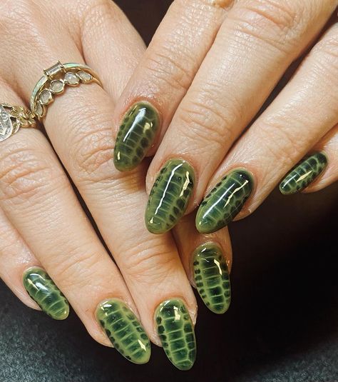 Showing up to the holiday party in style ✨🐊 . Croc nail design over builder gel overlay using @luminary_nail_systems and @luxapolish w… | Instagram Dark Green Crocodile Nails, Green Reptile Nails, Gator Skin Nails, Green Tortoise Nails, Reptile Skin Nails, Green Alligator Nails, Green Snake Skin Nails, Gator Nails Designs, Alligator Skin Nails