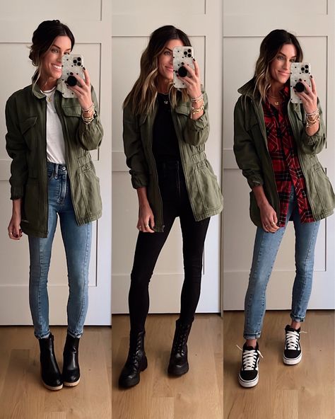 Army Jacket Women Outfit, Green Utility Jacket Outfit, Winter Styles For Women, Army Green Jacket Outfit, Olive Jacket Outfit, Suede Moto Jacket Outfit, Cargo Jacket Outfit, Anorak Jacket Outfit, Olive Green Jacket Outfits