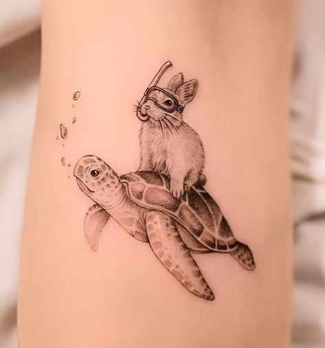 30 Amazing Animal Tattoo Ideas No One Can Resist Turtle Rabbit Tattoo, Animal Hybrid Tattoo, Cat And Turtle Tattoo, Turtle And Hare Tattoo, Tasmania Tattoo Ideas, Turtle And Fish Tattoo, Water Animal Tattoo Ideas, Cool Rabbit Tattoo, Turtle Sleeve Tattoos For Women