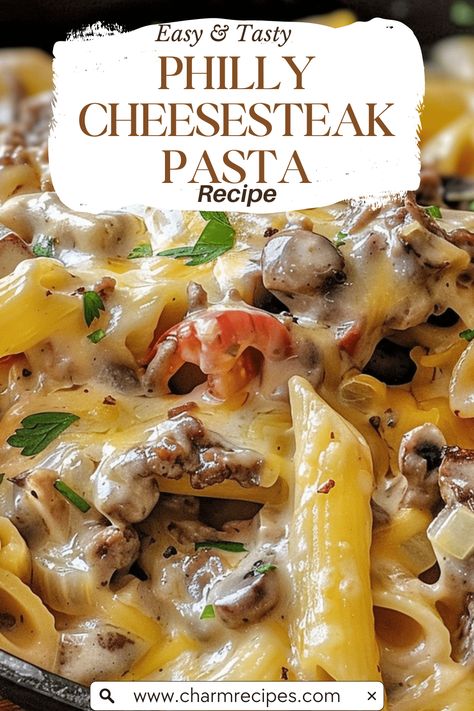 Italian Dishes With Steak, Philly Cheese Pasta Recipes, Philly Cheesesteak Pasta Recipe, Philly Cheesestake Pasta, Ribeye Steak Pasta, Philly Cheese Steak Noodles, Easy Philly Cheese Steak Pasta, Pasta Entree Recipes, Philly Cheese Steak Pasta Casserole