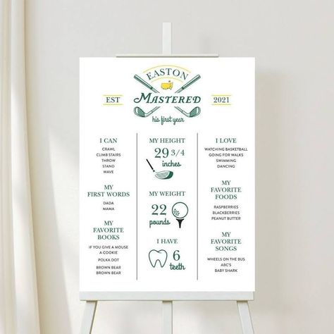 Milestone First Birthday Board, Master Birthday Party, First Birthday Masters Theme, Golfing First Birthday, 1st Birthday Party Golf Theme, Masters Golf Birthday Party, Masters Baby Birthday, One Year Golf Party, Hole In One First Birthday Masters